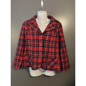 Vintage Plaid Jacket Womens Medium Red Blue Black Button Front Retro Mod 60s 70s